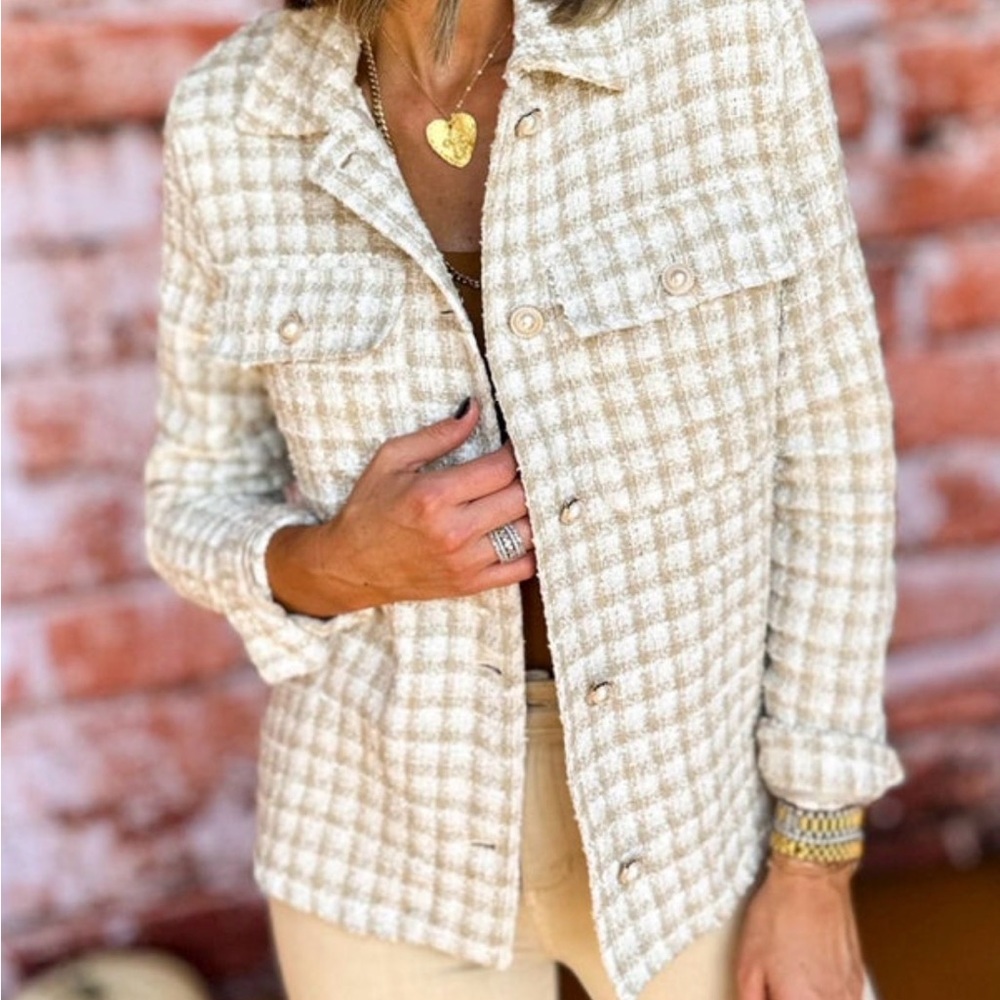 Fate Cream and Tan Checkered Shacket